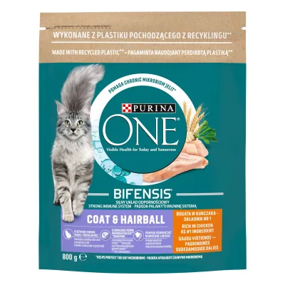 Purina One Coat & Hairball csirkében és teljes kiőrlésű gabonákban gazdag száraz macskaeledel 0,8 kg akció